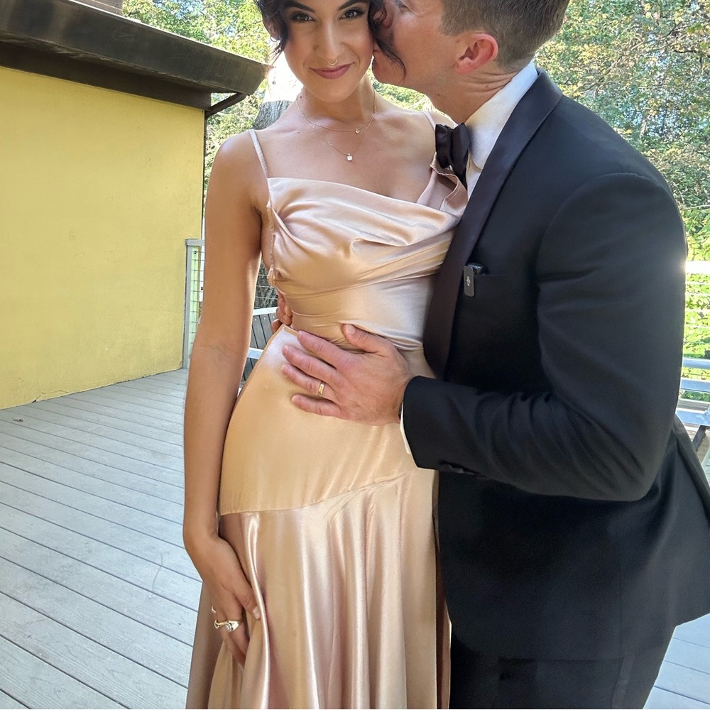 Bronx and Banco Blush Satin Cowl Neck Gown with High Slit - Picture 2 of 3